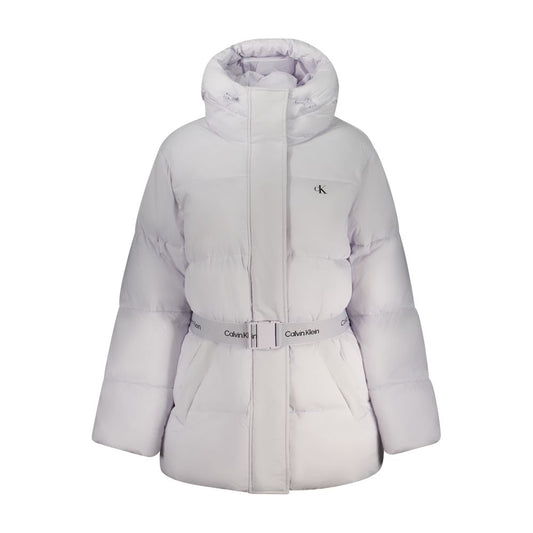 Hooded Puffer Jacket by Calvin Klein for women in nylon purple & print features an on trend silhouette, showcasing refined pockets, hooded & insulated and a sophisticated hooded neckline for a truly on trend finish.