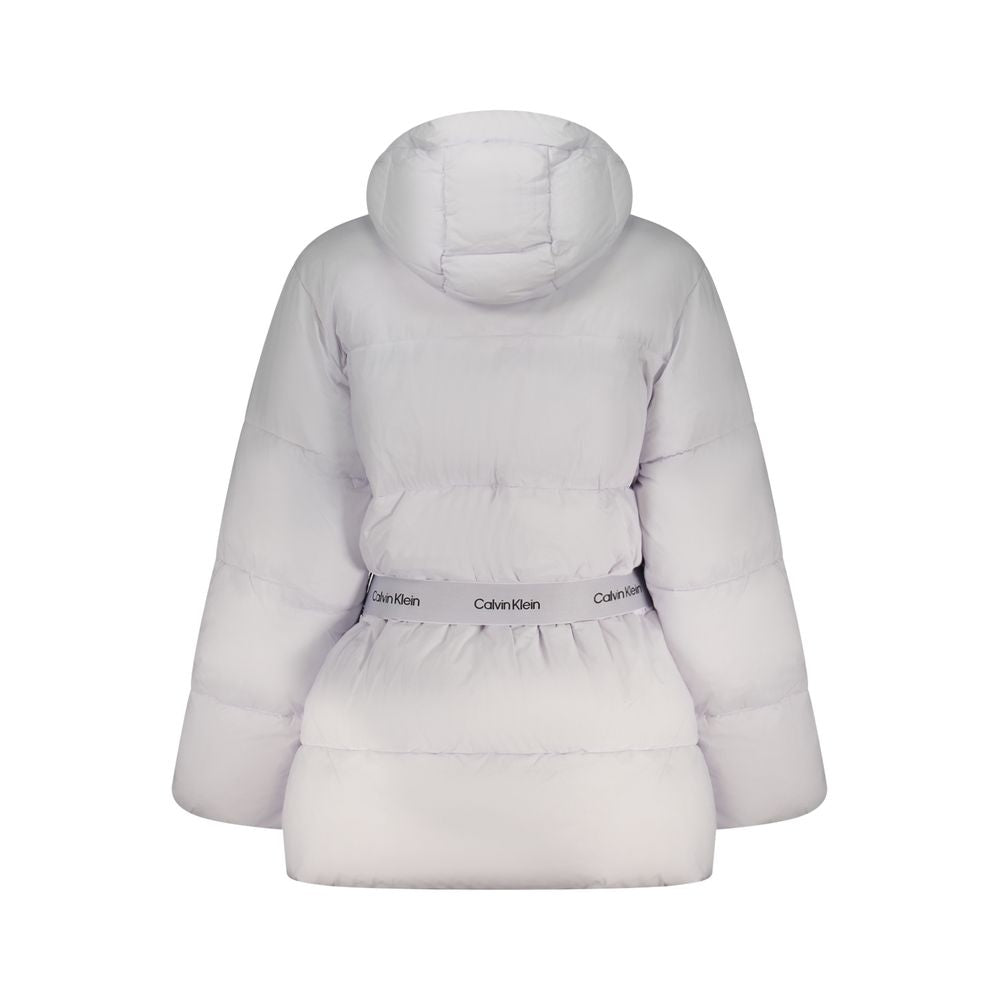 Hooded Puffer Jacket by Calvin Klein for women in nylon purple & print features an on trend silhouette, showcasing refined pockets, hooded & insulated and a sophisticated for a truly on trend finish.