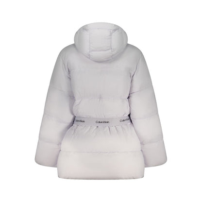 Hooded Puffer Jacket by Calvin Klein for women in nylon purple & print features an on trend silhouette, showcasing refined pockets, hooded & insulated and a sophisticated for a truly on trend finish.