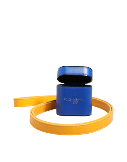 Dolce & Gabbana Blue Yellow Calfskin Leather Logo Strap Men Airpods Case