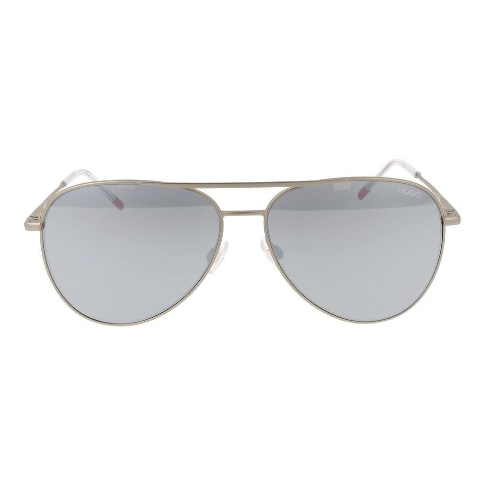 Sunglasses by Hugo Boss for men in polyester & polyurethane gray & silver showcases a ethereal silhouette, featuring silver coloured frame aviator full-rim frame design with category-3-dark-tint mirrored lens for a ethereal finish.