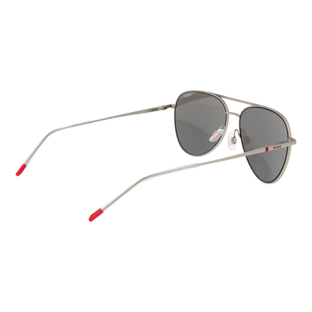 Sunglasses by Hugo Boss for men in polyester & polyurethane gray & silver features a sumptuous silhouette, showcasing a sumptuous aviator full-rim frame design in silver coloured frame with high-performance category-3-dark-tint mirrored lens.