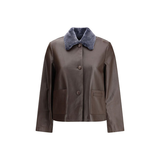 This Jacket by Marni for women in goat leather & viscose brown & signature showcases a magnificent silhouette, meticulously crafted with a distinctive and functional pockets for a magnificent finish.