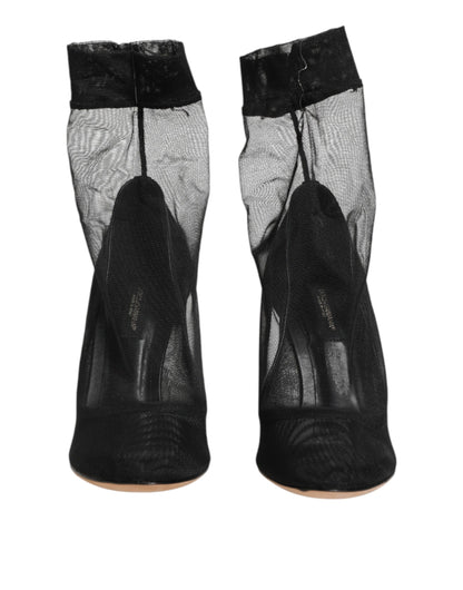 Dolce & Gabbana Women's Nylon Polyamide Calf & Goat Leather High-Heel Sock Ankle Short Boots - Black