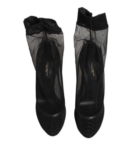 Dolce & Gabbana Women's Nylon Polyamide Calf & Goat Leather High-Heel Sock Ankle Short Boots - Black
