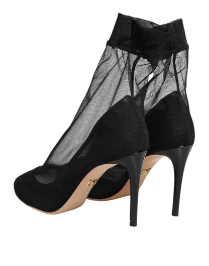 Dolce & Gabbana Women's Nylon Polyamide Calf & Goat Leather High-Heel Sock Ankle Short Boots - Black