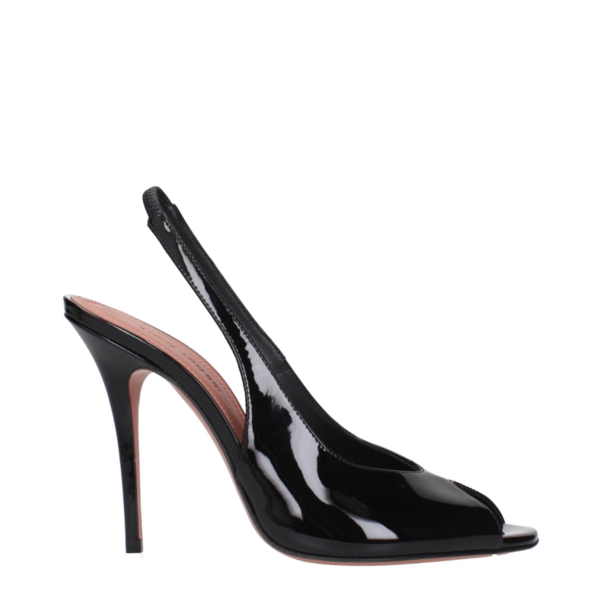 Stiletto Sandals by Amina Muaddi for women in patent leather black presents a sculptural silhouette, showcasing the Women's Patent Leather Stiletto Sandals design with a sculptural stiletto and for a premium look.