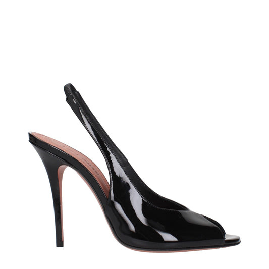 Stiletto Sandals by Amina Muaddi for women in patent leather black presents a sculptural silhouette, showcasing the Women's Patent Leather Stiletto Sandals design with a sculptural stiletto and for a premium look.