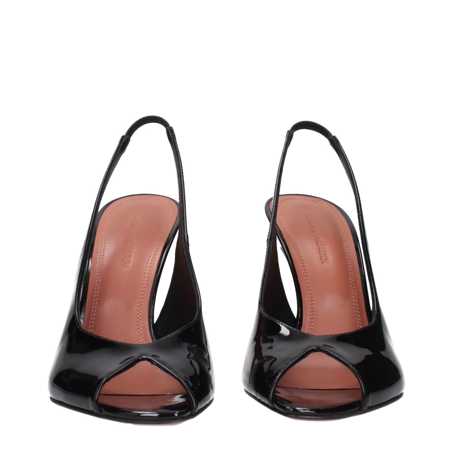 Stiletto Sandals by Amina Muaddi for women in patent leather black features an architectural design from the Women's Patent Leather Stiletto Sandals collection, defined by a architectural stiletto and for a architectural finish.