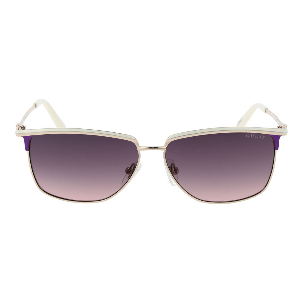 This Sunglasses by Guess for women in metal white presents a sumptuous silhouette, showcasing a sumptuous browline full-rim frame design in white coloured frame and high-performance gradient category-3-dark-tint lens.