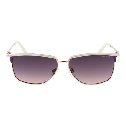 This Sunglasses by Guess for women in metal white presents a sumptuous silhouette, showcasing a sumptuous browline full-rim frame design in white coloured frame and high-performance gradient category-3-dark-tint lens.
