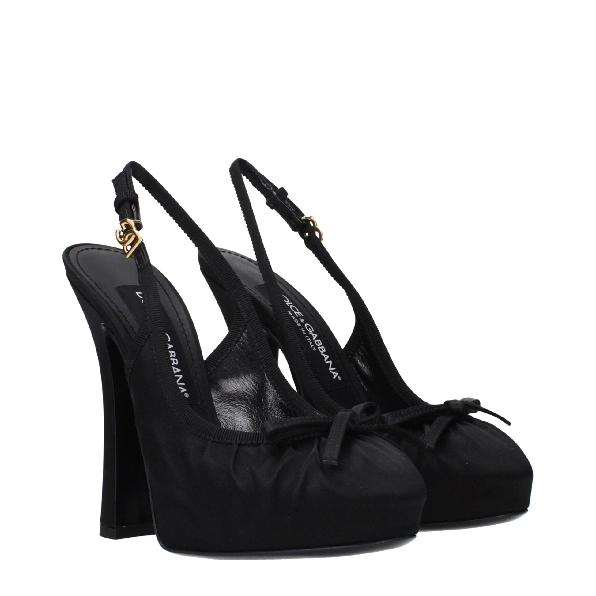 Very-High-Heel Sandals Pumps Heels by Dolce & Gabbana for women in leather & satin black & gold features a effortlessly chic Women's Leather & Satin Very-High-Heel Sandals Pumps Heels design with a sophisticated 13-cm-heel very-high-heel and elegant round toe style.