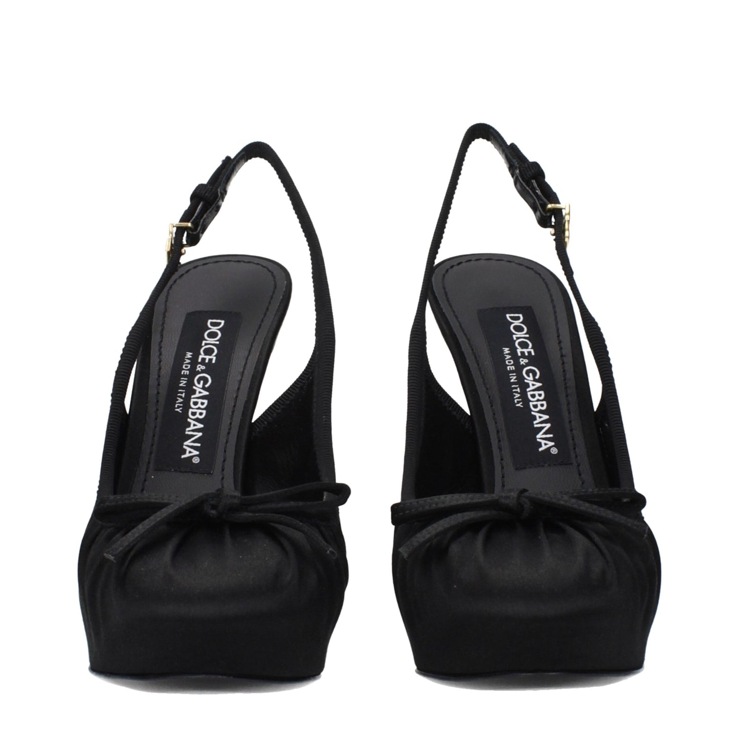 Very-High-Heel Sandals Pumps Heels by Dolce & Gabbana for women in leather & satin black & gold features a effortless chic silhouette, showcasing the Women's Leather & Satin Very-High-Heel Sandals Pumps Heels design with a effortless chic 13-cm-heel very-high-heel and round toe style for a effortless chic finish.