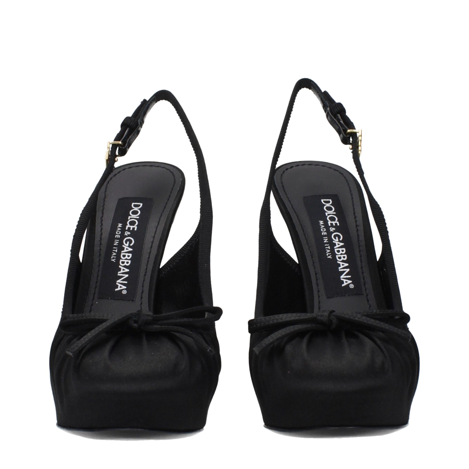 Very-High-Heel Sandals Pumps Heels by Dolce & Gabbana for women in leather & satin black & gold features a effortless chic silhouette, showcasing the Women's Leather & Satin Very-High-Heel Sandals Pumps Heels design with a effortless chic 13-cm-heel very-high-heel and round toe style for a effortless chic finish.