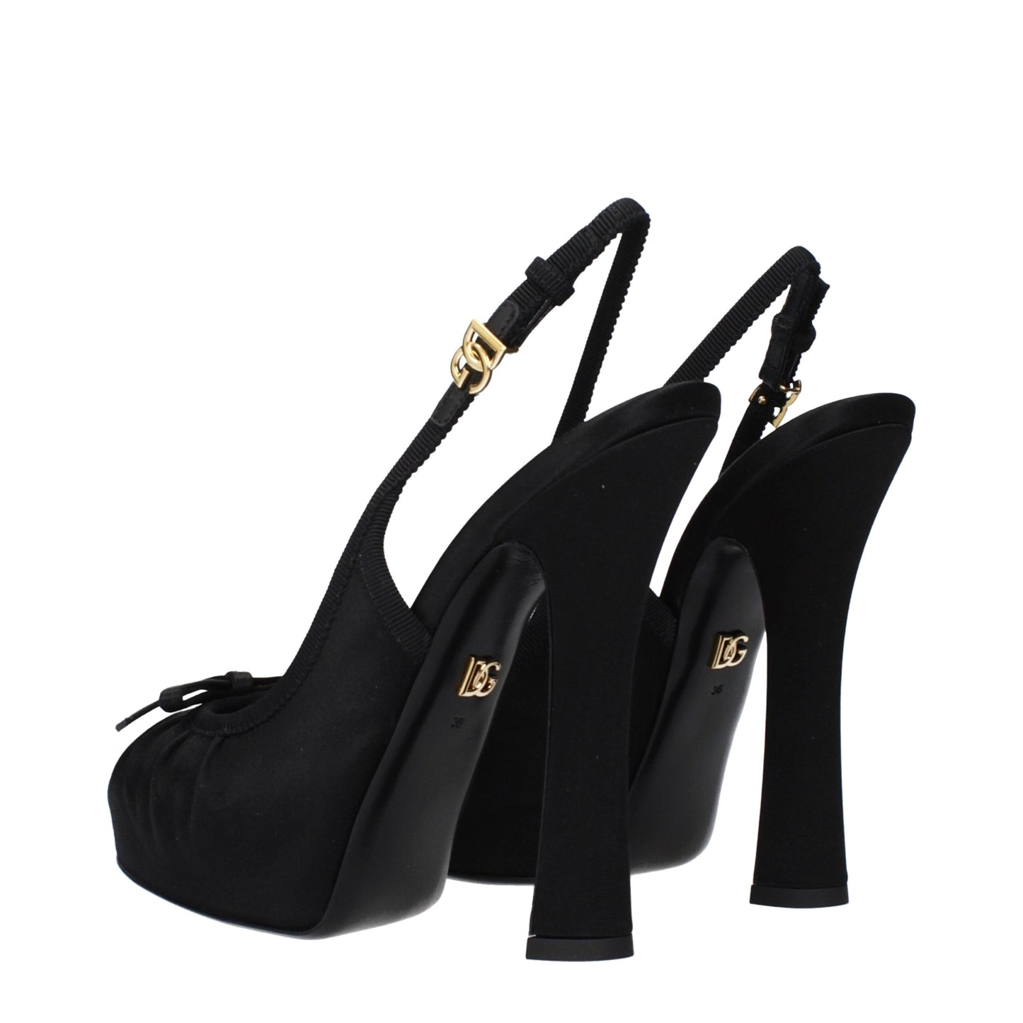 Very-High-Heel Sandals Pumps Heels by Dolce & Gabbana for women in leather & satin black & gold features an captivating silhouette, showcasing the elegant Women's Leather & Satin Very-High-Heel Sandals Pumps Heels design with a 13-cm-heel very-high-heel and a sophisticated round toe style.