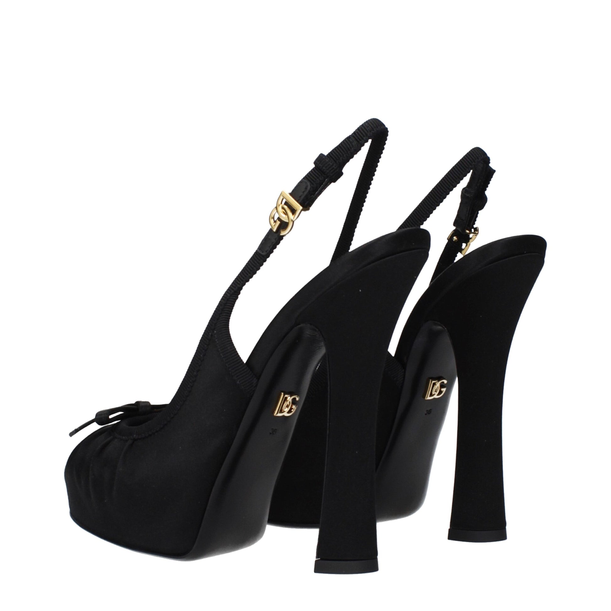 Very-High-Heel Sandals Pumps Heels by Dolce & Gabbana for women in leather & satin black & gold features an captivating silhouette, showcasing the elegant Women's Leather & Satin Very-High-Heel Sandals Pumps Heels design with a 13-cm-heel very-high-heel and a sophisticated round toe style.