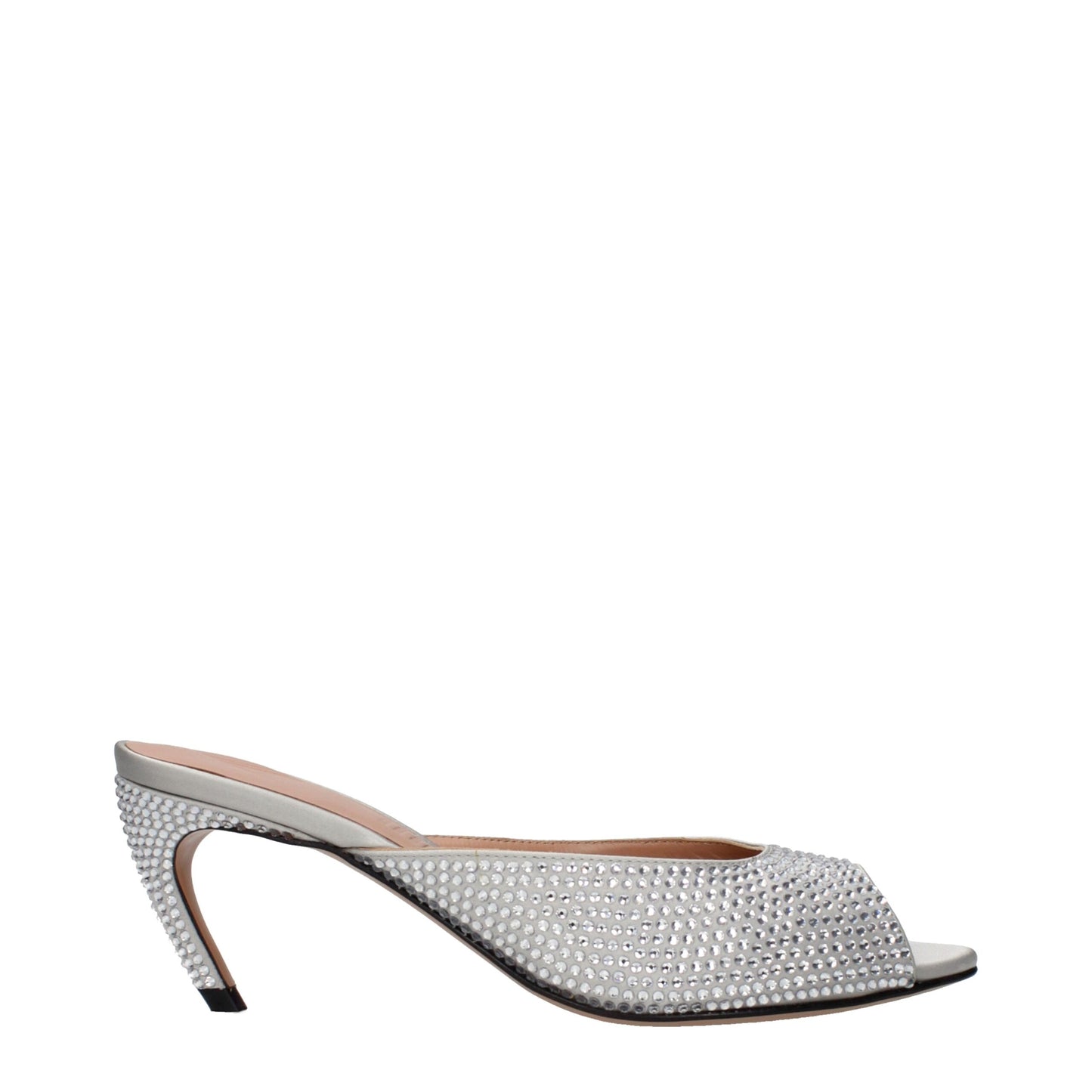 Stiletto Sandals by The Attico for women in satin & rhinestone gray & silver features an exquisite silhouette, showcasing the exquisite Women's Satin & Rhinestone Stiletto Sandals with a stiletto and .
