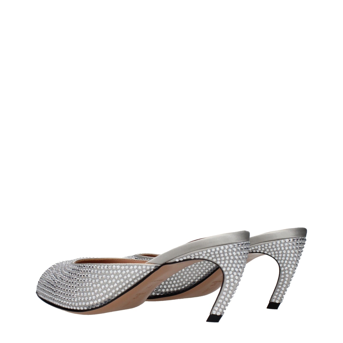 Stiletto Sandals by The Attico for women in satin & rhinestone gray & silver features an exquisite silhouette, showcasing the exquisite Women's Satin & Rhinestone Stiletto Sandals with a stiletto and .
