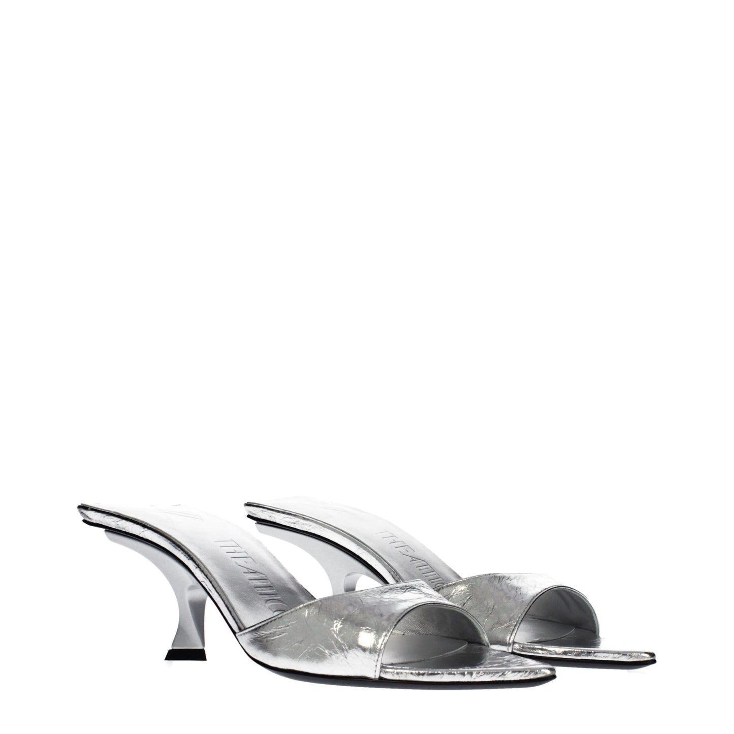 Flat Sandals by The Attico for women in leather gray & silver features an exquisite silhouette, showcasing the exquisite Women's Leather Flat Sandals with a flat and .