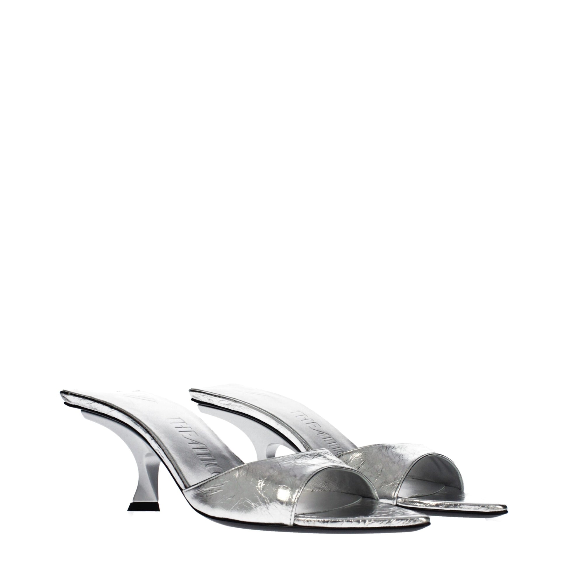Flat Sandals by The Attico for women in leather gray & silver features an exquisite silhouette, showcasing the exquisite Women's Leather Flat Sandals with a flat and .