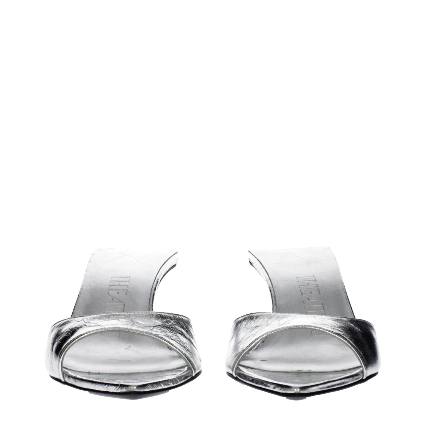 Flat Sandals by The Attico for women in leather gray & silver showcases a sculptural silhouette as Women's Leather Flat Sandals, defined by a sculptural flat and sculptural for a sculptural look.