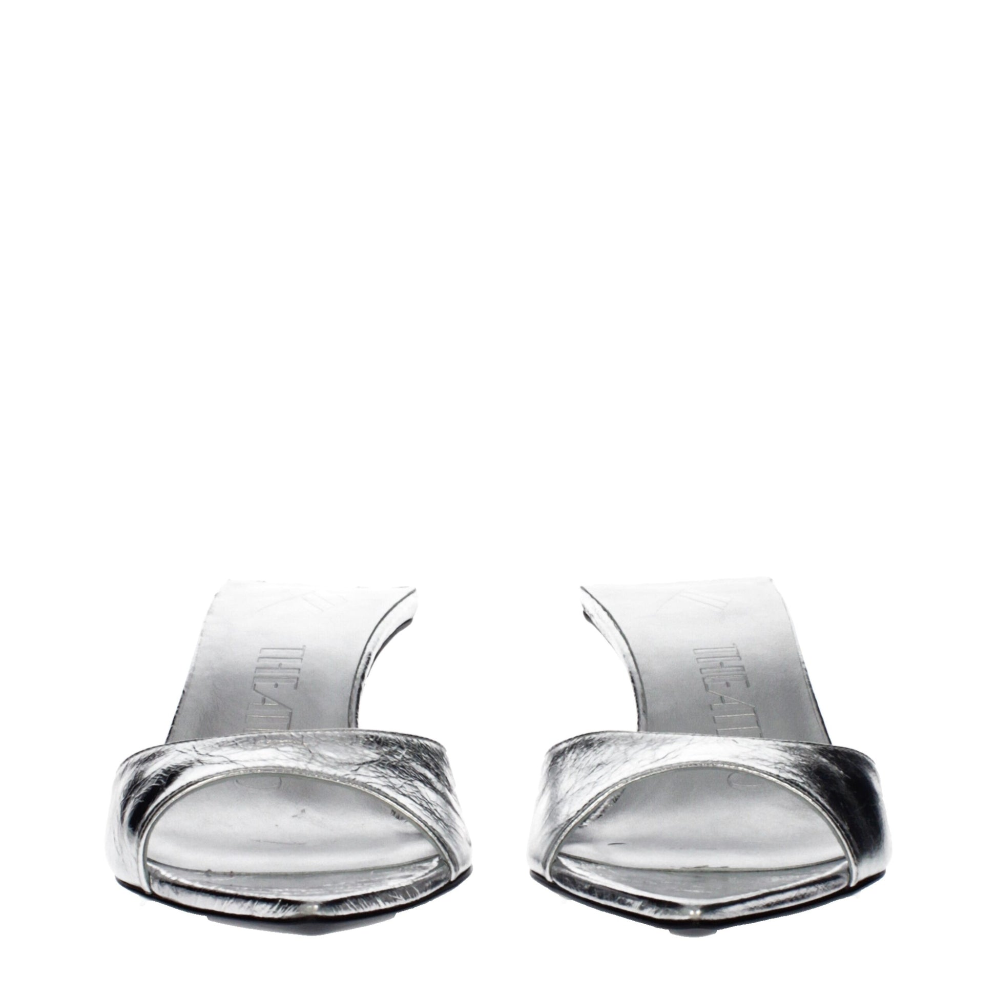 Flat Sandals by The Attico for women in leather gray & silver showcases a sculptural silhouette as Women's Leather Flat Sandals, defined by a sculptural flat and sculptural for a sculptural look.