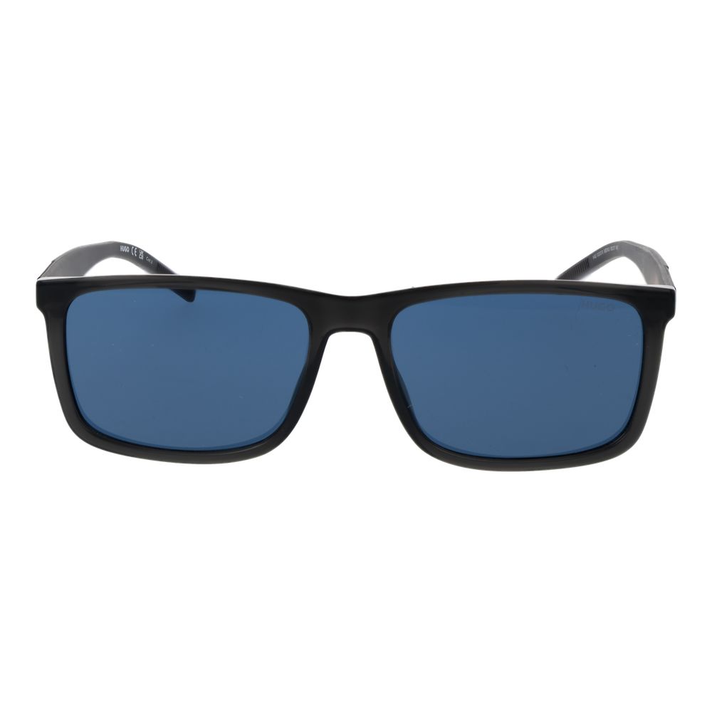 Sunglasses by Hugo Boss for men in polyamide & cupro blue & gray features a sumptuous silhouette, showcasing a sumptuous rectangle full-rim frame design in gray coloured frame with high-performance category-3-dark-tint lens.