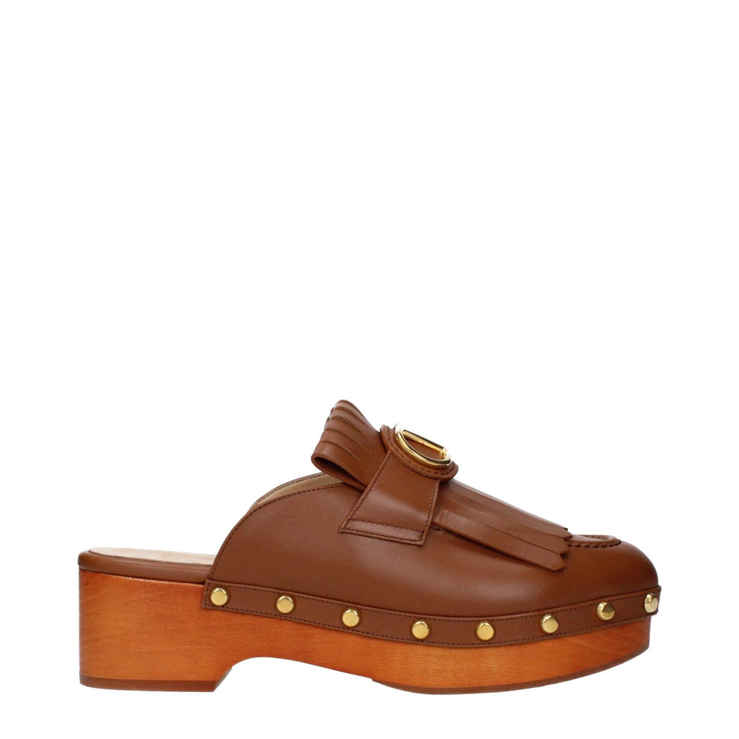 Clogs Slippers by Valentino Garavani for women in leather brown presents a effortless silhouette, showcasing the elegant Women's Leather Clogs Slippers design with its unique and sophisticated .