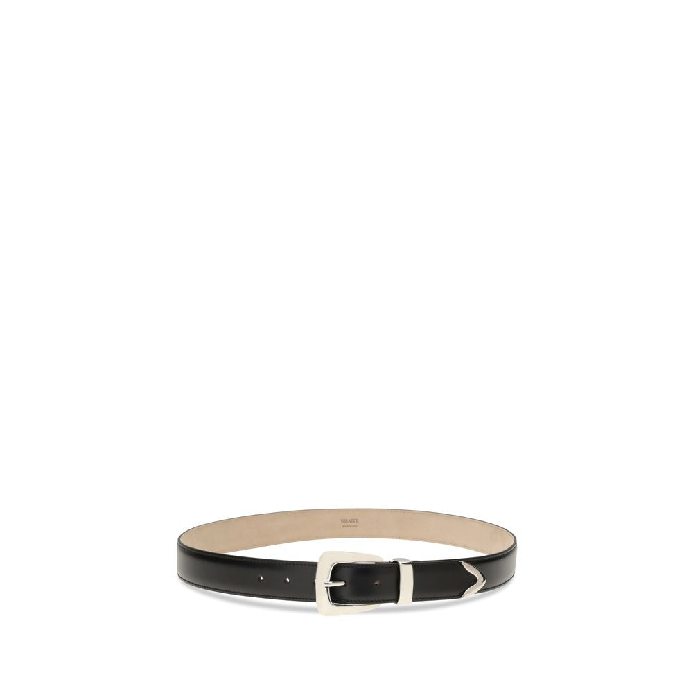 Belt by Khaite for women in bos taurus suede calf leather black & palladium features an artisanal finish, elegantly showcasing the signature style and artisanal craftsmanship of the Bos Taurus Suede Calf Leather Belt design.