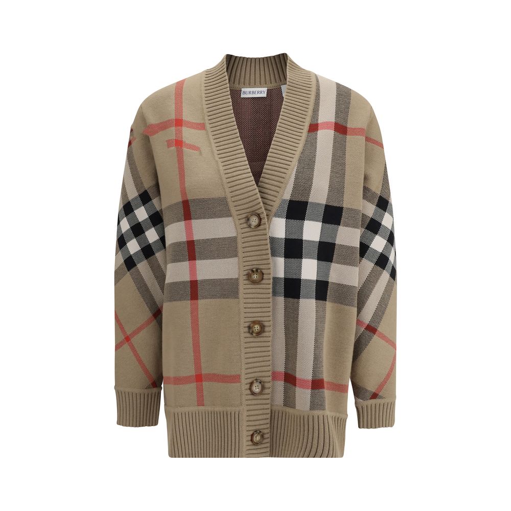 Cardigan by Burberry for women in wool & polyester beige & print features an crisp silhouette, showcasing a sophisticated v-neck neckline and detail for a truly crisp finish.