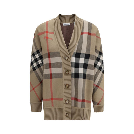 Cardigan by Burberry for women in wool & polyester beige & print features an crisp silhouette, showcasing a sophisticated v-neck neckline and detail for a truly crisp finish.