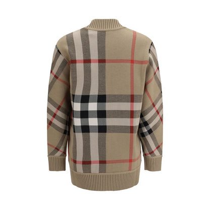 Cardigan by Burberry for women in wool & polyester beige & print features a nuanced silhouette with a refined v-neck neckline and nuanced detailing for a sophisticated look.