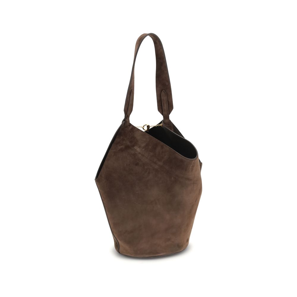 Small Shoulder Bag by Khaite for women in bos taurus calf suede leather brown & monogram features an effortlessly chic silhouette with a secure , ample , and versatile shoulder-strap & handle for effortlessly chic everyday luxury.