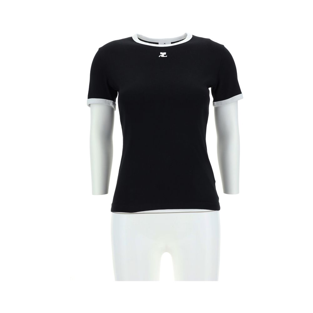 T-Shirt by Courrèges for women in cotton black showcases a fashionable silhouette, elegantly detailed with a fashionable and crew neckline for a sophisticated, high-fashion look.