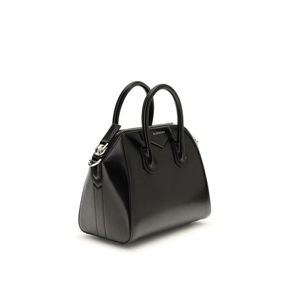 Compact Evening Box Clutch Handbag by Givenchy for women in bos taurus calfskin leather black, silver & signature features a refined silhouette, showcasing a secure , organized , and versatile shoulder-strap, handle & adjustable-strap for a refined finish.