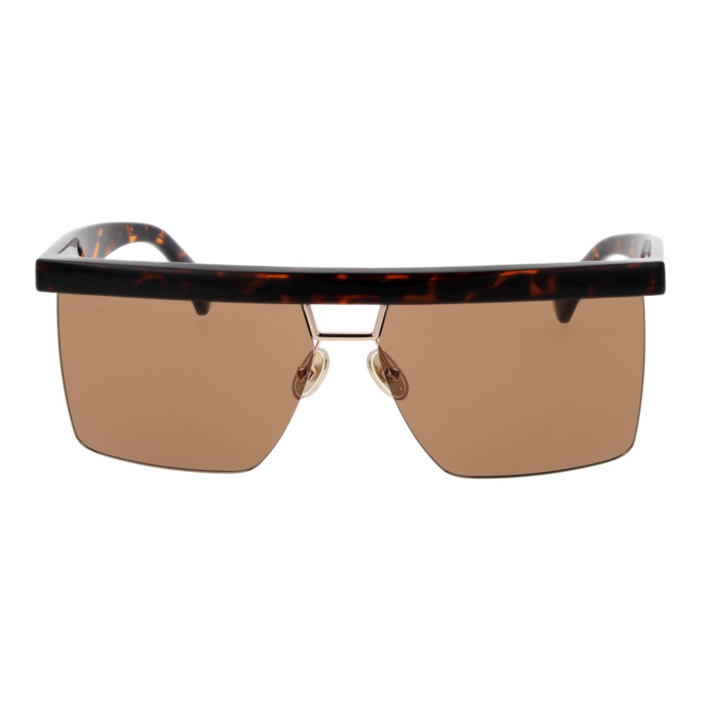 Sunglasses by Max Mara for women in and brown presents a sumptuous silhouette, featuring brown coloured frame and browline half-rim frame design with non-polarized category-2-medium-tint lens for a sumptuous look.