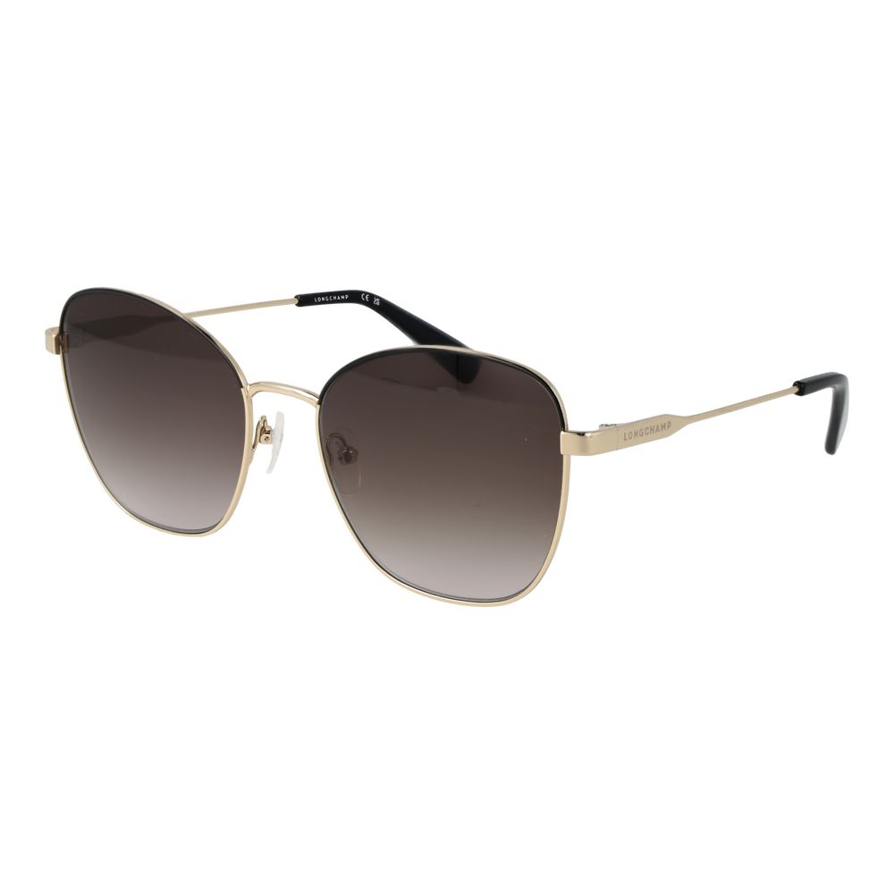 Sunglasses by Longchamp for women in metal and gold featuring an opulent butterfly full-rim frame design with a sophisticated gold coloured frame finish and high-performance gradient category-3-dark-tint lens.