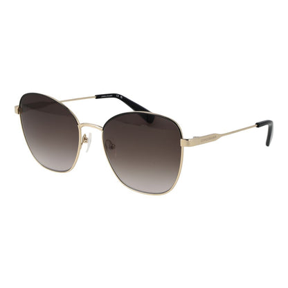 Sunglasses by Longchamp for women in metal and gold featuring an opulent butterfly full-rim frame design with a sophisticated gold coloured frame finish and high-performance gradient category-3-dark-tint lens.