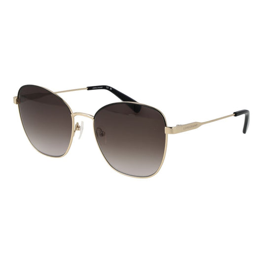 Sunglasses by Longchamp for women in metal and gold featuring an opulent butterfly full-rim frame design with a sophisticated gold coloured frame finish and high-performance gradient category-3-dark-tint lens.