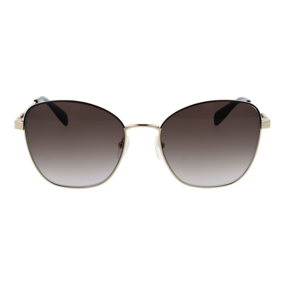 Sunglasses by Longchamp for women in metal and gold featuring an opulent butterfly full-rim frame design with a sophisticated gold coloured frame finish and high-performance gradient category-3-dark-tint lens.