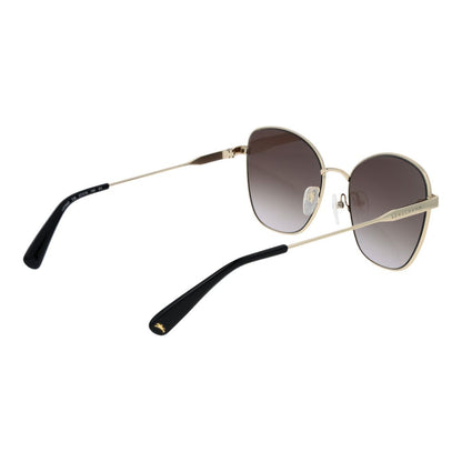 Sunglasses by Longchamp for women in metal gold features a sumptuous silhouette, showcasing a sumptuous butterfly full-rim frame design in gold coloured frame with high-performance gradient category-3-dark-tint lens.