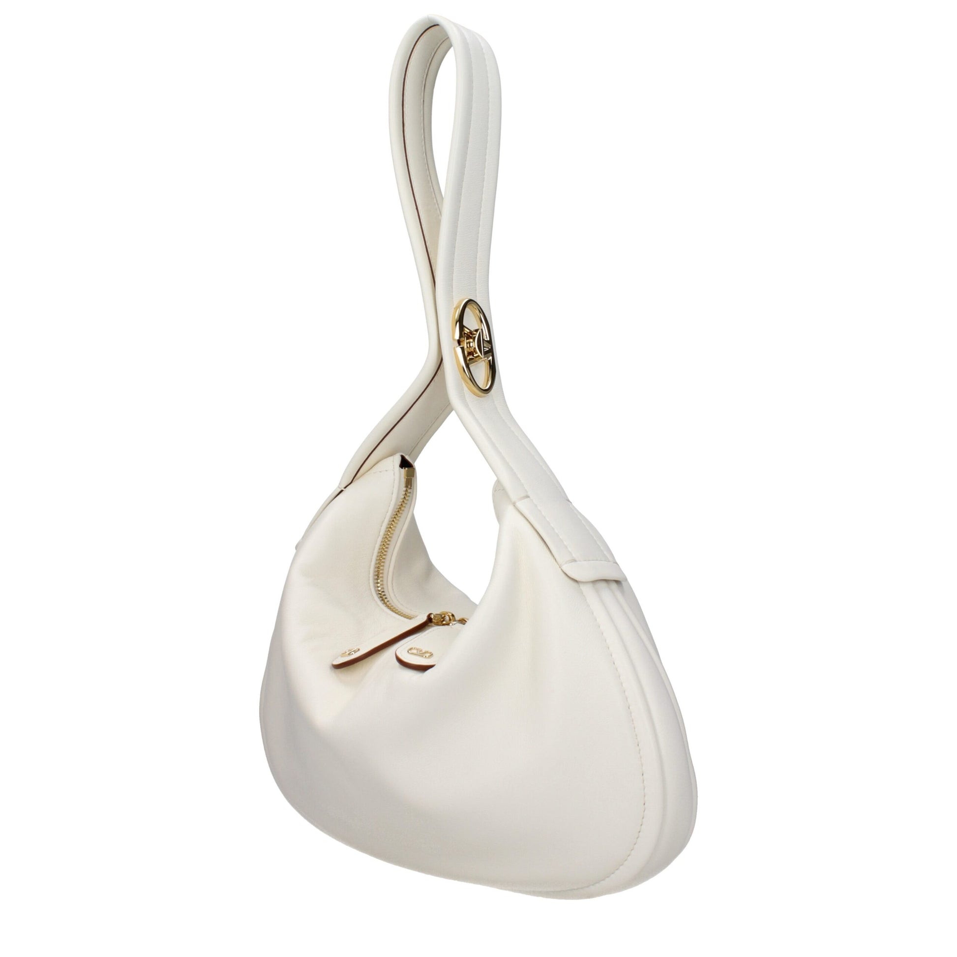 Medium Handbag by Valentino Garavani for women in leather beige & ivory features an refined silhouette, showcasing a secure zipper, ample internal-pockets, and versatile handle for a sophisticated refined aesthetic.