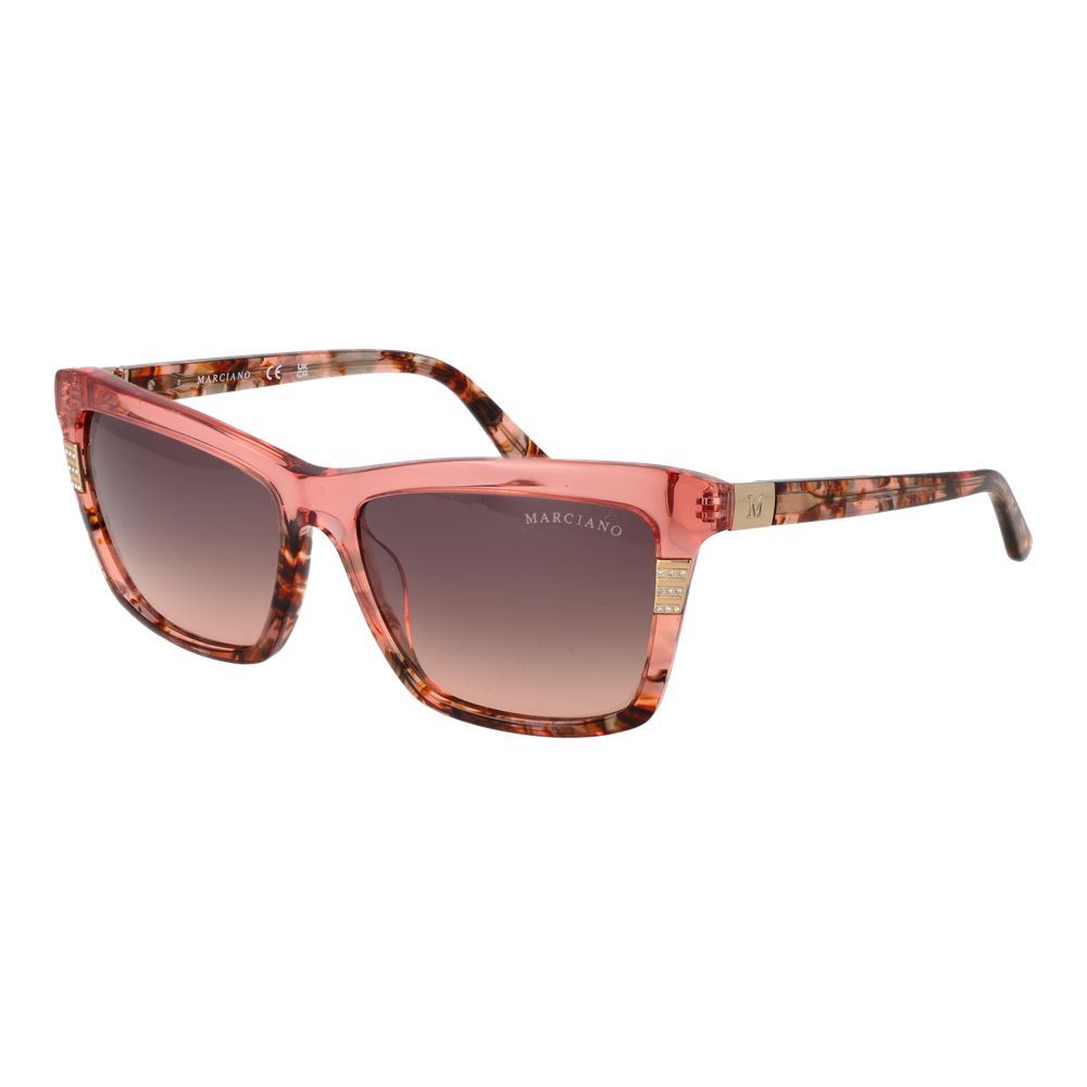 Sunglasses by Marciano by Guess for women in stainless steel and pink featuring an opulent rectangle full-rim frame design with a sophisticated rose coloured frame finish and high-performance gradient category-2-medium-tint lens.