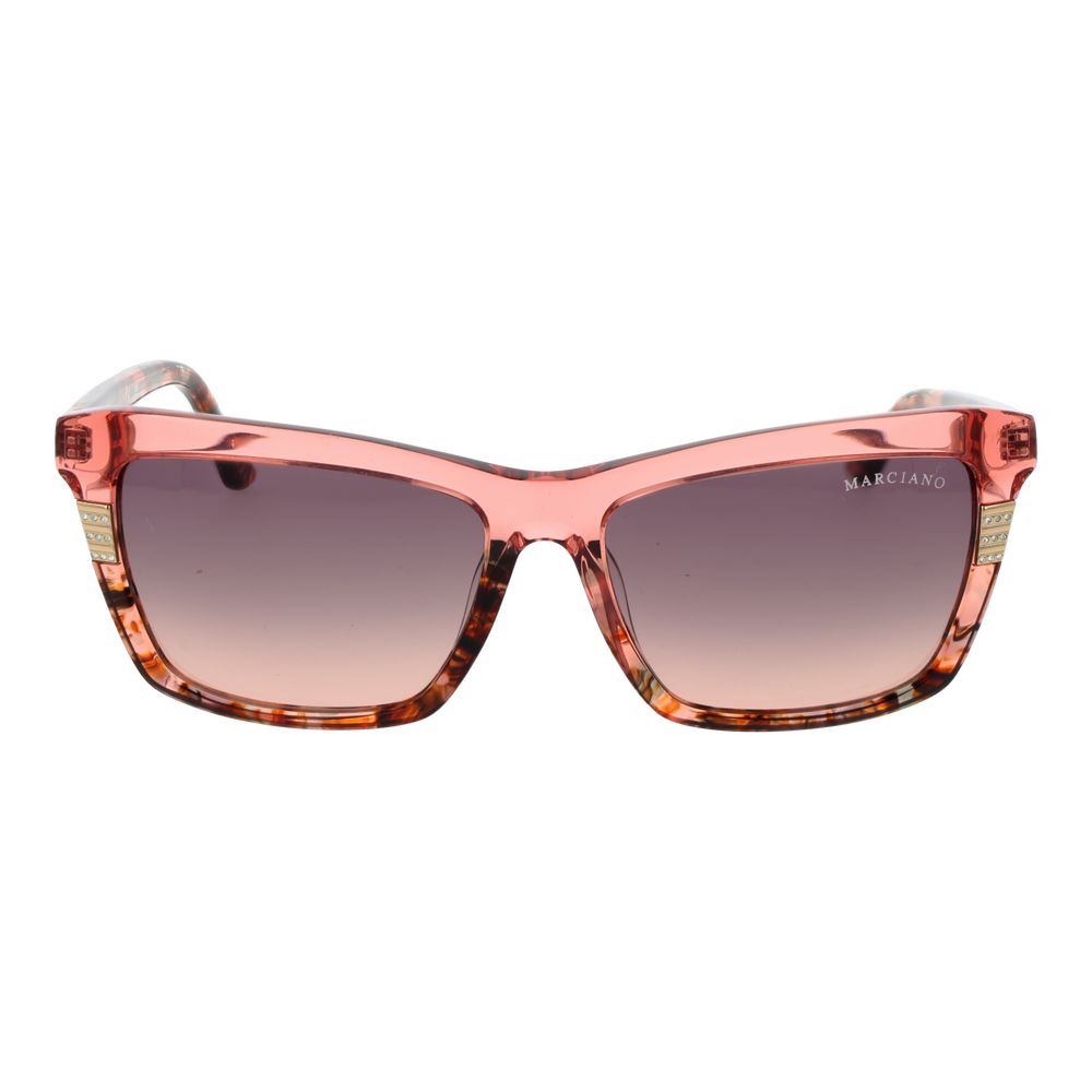 Sunglasses by Marciano by Guess for women in pink features an lustrous rectangle full-rim frame design with rose coloured frame detailing and gradient category-2-medium-tint lens for a lustrous aesthetic.