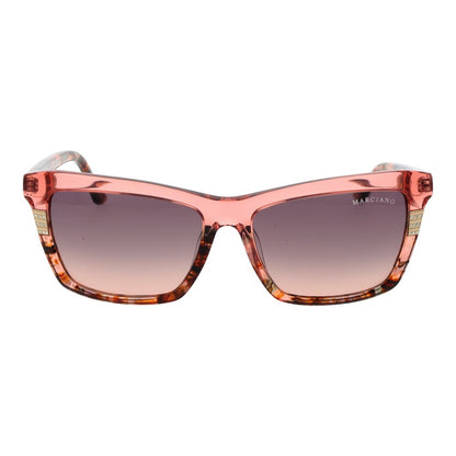 Sunglasses by Marciano by Guess for women in pink features an lustrous rectangle full-rim frame design with rose coloured frame detailing and gradient category-2-medium-tint lens for a lustrous aesthetic.