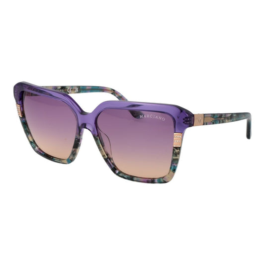 This Sunglasses by Marciano by Guess for women in acetate multicolor presents a sumptuous silhouette, showcasing a sumptuous full-rim square frame design in purple coloured frame and high-performance gradient category-2-medium-tint lens.