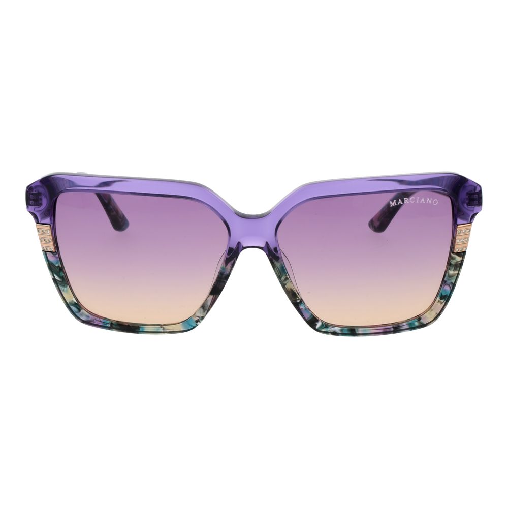 Sunglasses by Marciano by Guess for women in acetate multicolor features a sumptuous silhouette, showcasing a sumptuous full-rim square frame design in purple coloured frame with high-performance gradient category-2-medium-tint lens.