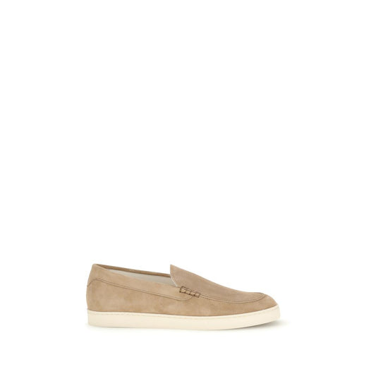 Flat Loafer Slip-On Shoes by Brunello Cucinelli for men in bos taurus calf suede leather beige features an ergonomic silhouette, perfectly showcasing Men's Bos Taurus Calf Suede Leather Flat Loafer Slip-On Shoes with its distinct flat and elegant .