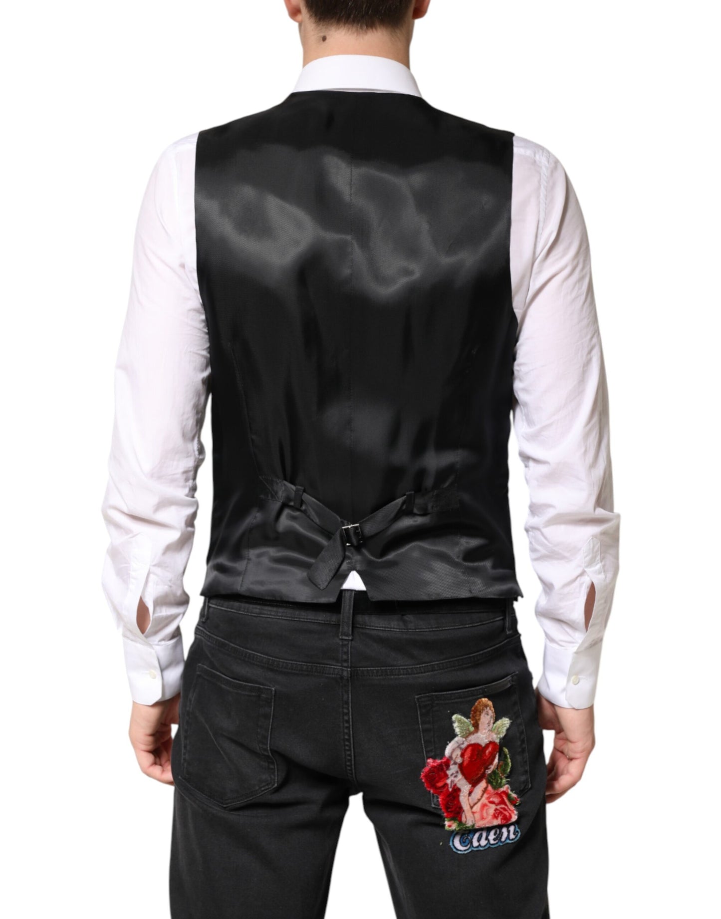 Dolce & Gabbana Black Stripes Wool Dress Men Waistcoat Vest