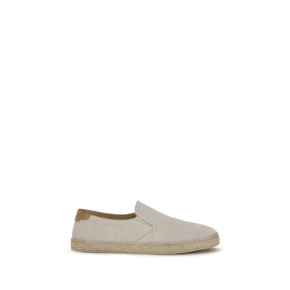 Brunello Cucinelli Men's Low Top Slip On Raffia & Bos Taurus Suede Calf Leather Sneakers - Gray Natural